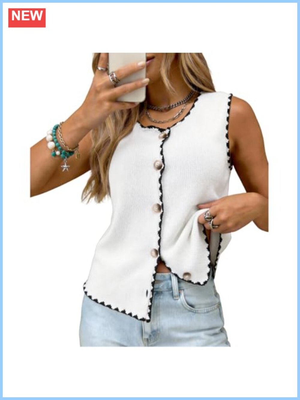 Sleeveless Button Down Sweater Vest Color Block Knit Top